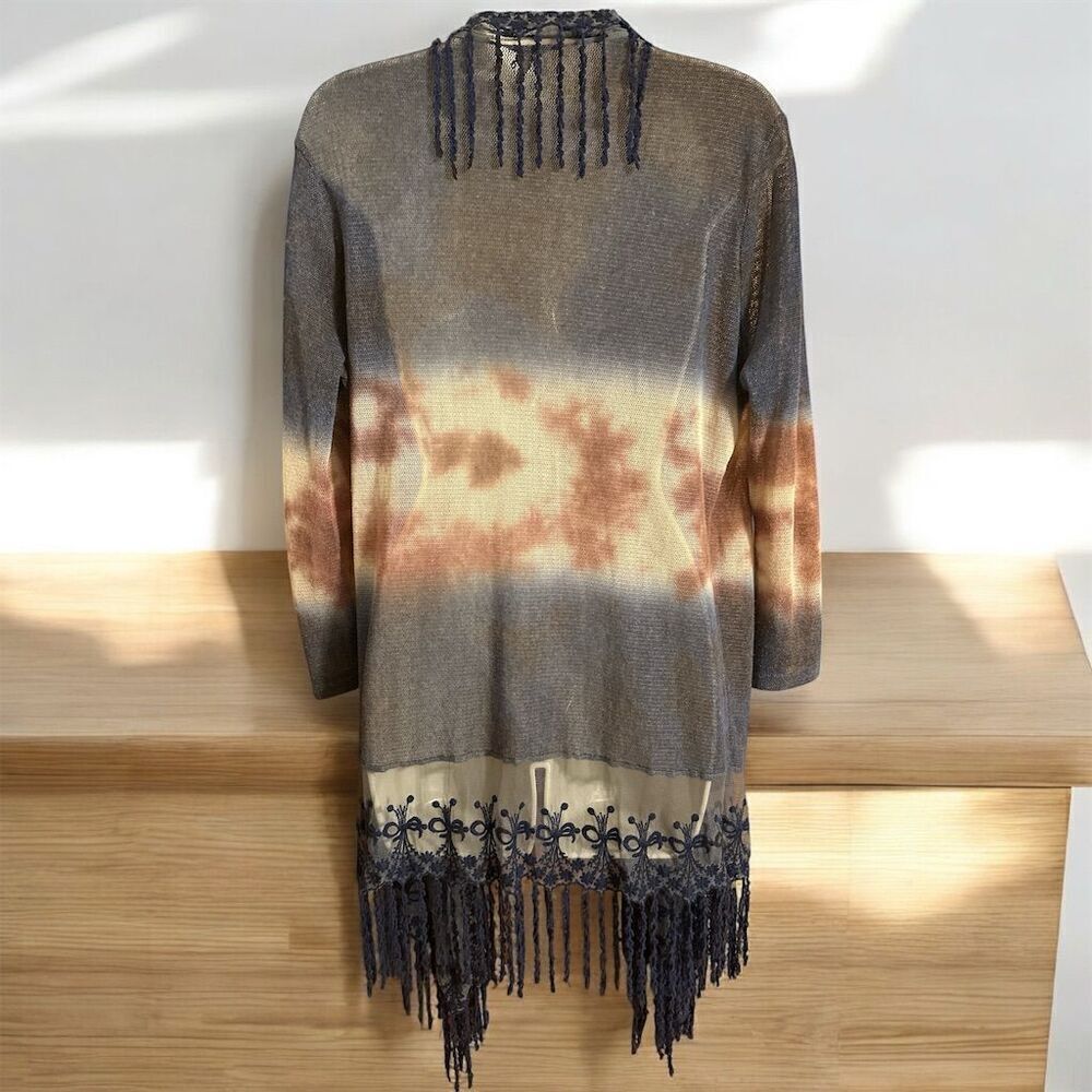 BKE by Buckle Gray Tan Ombré Navy Blue Fringe Open Front Cardigan Boho Sweater - Picture 5 of 10